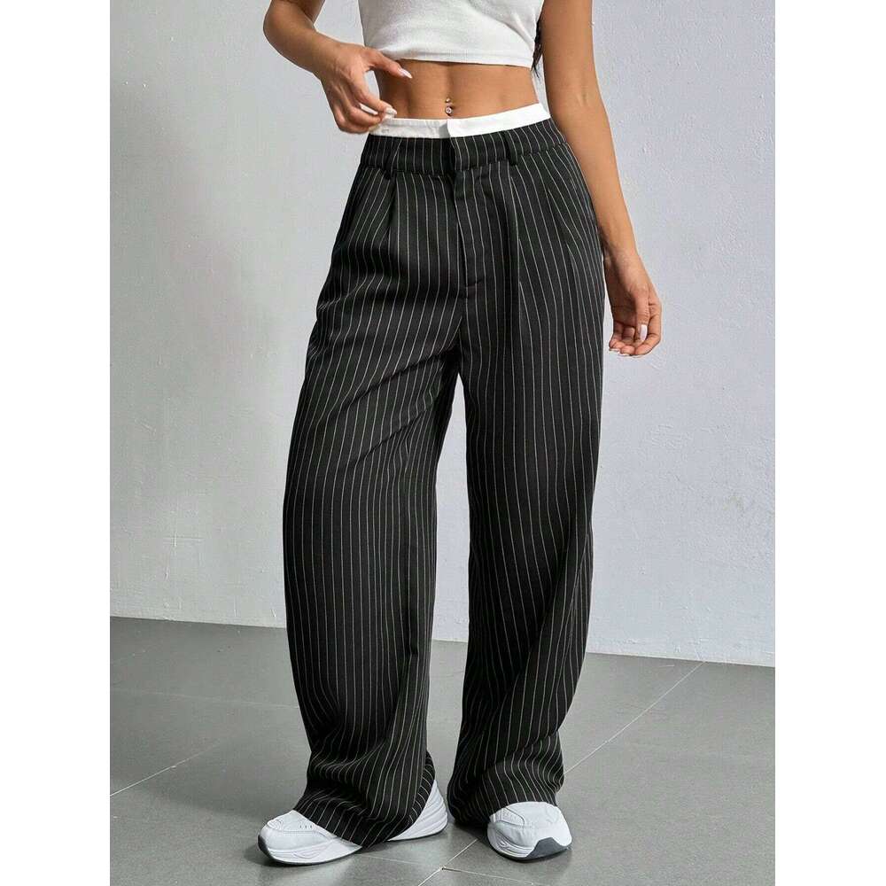 2025 Spring Summer New Women's Dress Pants Cross-Border Japanese Korean Casual High Waist Spliced Simple Draped Commuter Straight-Leg Trousers