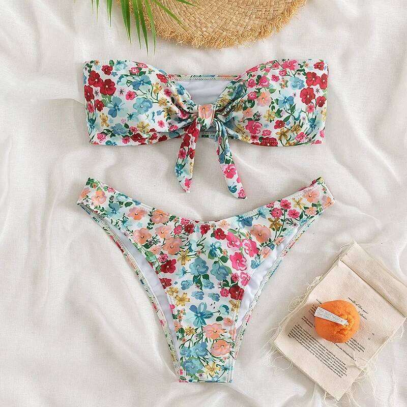 Floral Print Bandeau Bikini Set Off Shoulder Push Up Swimsuit Women Tube Top Bikinis Knot Swimwear 2024 Sexy Summer Bathing Suit