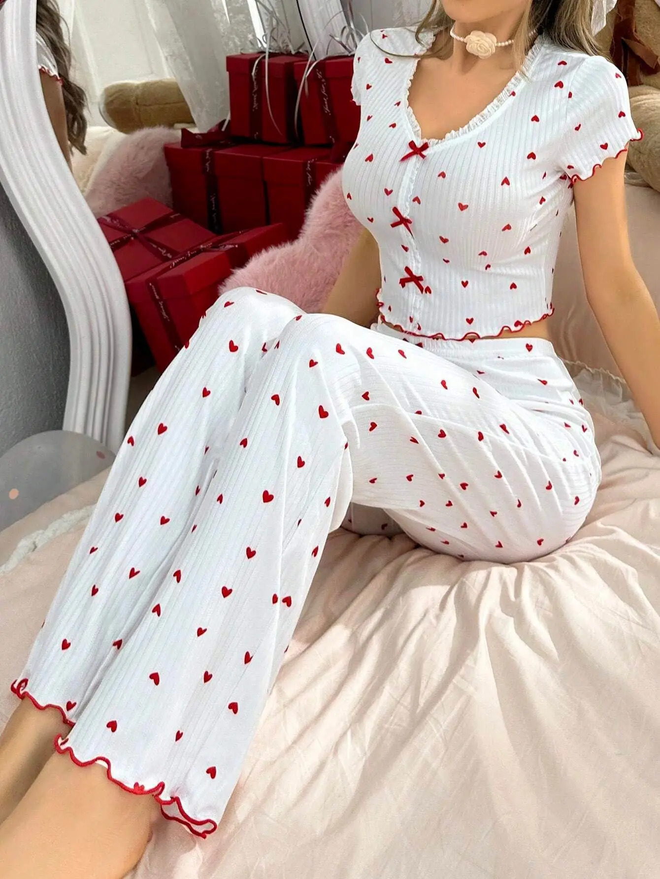 Heart Print Ribbed Frill Trim Pajama Set for Women Sleepwear Knitted VNeck Loose Tops Elastic Long Pants Autumn Winter Wear 250717