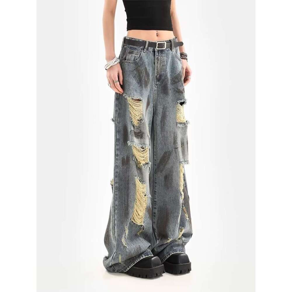 Vintage Style Distressed Jeans for Women 2024 Summer New American Loose Fit Draped Wide Leg Pants Trend