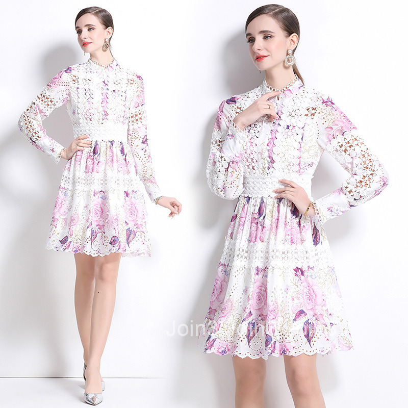 6961 Spring and Autumn New Womens Wear Elegant Hollow Hook Flower Embroidery Splicing Waist Collection Printed Dress A-line Skirt