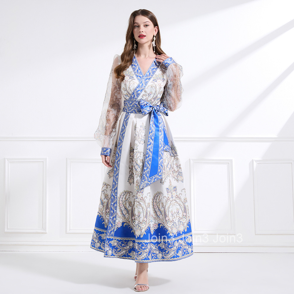 2179 Spring Holiday Style Tie Wrap Dress Lantern Sleeve Cross Neck Printed Flared Long Dress