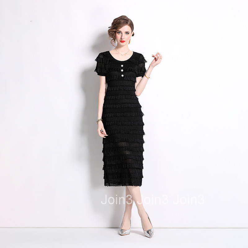 8021 Summer New Womens Round Neck Buttoned Elegant Layered Cake Dress Fashionable Dress
