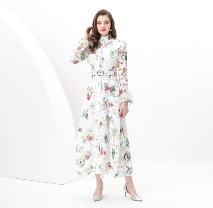 8836 Spring Summer Elegance Style Stand Collar Long Sleeve Waist-Cinching Wide Skirt Lace Print Long Dress