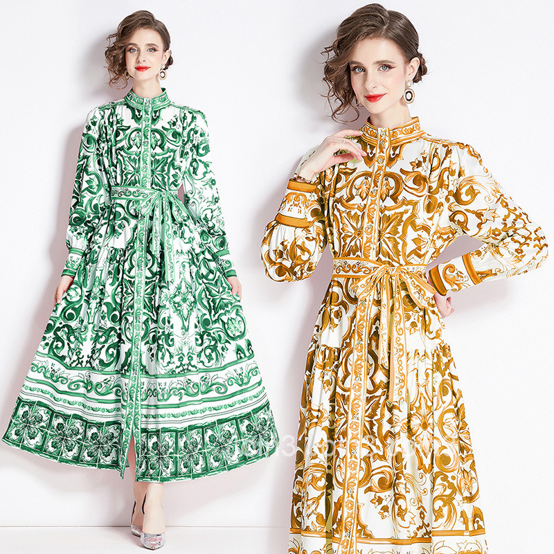 8740 Spring and Autumn New Womens Fashion Style Stand up Collar Single breasted Blue and White Porcelain Printed Long Dress