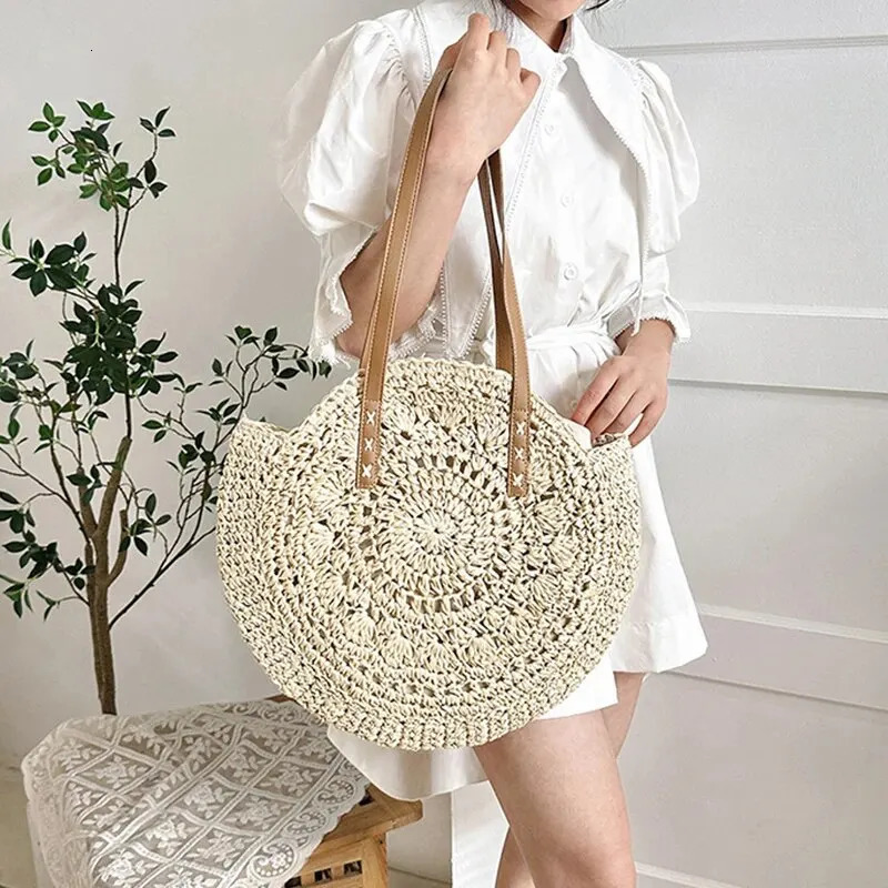 Summer Round Straw Women Vacation Woven Beach Shoulder Bag Large Capacity Hollow Out Simple Tote Bag 250715
