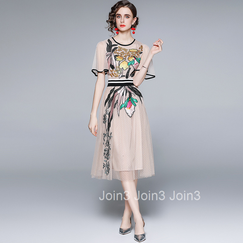 9956 summer womens round neck lotus leaf short sleeve embroidered slim fit waist large swing mesh medium length dress