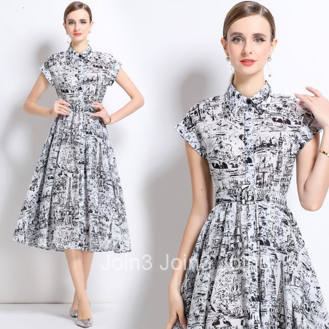 1701 Summer New Printed Short Sleeve Shirt with Belt Mid-Length Dress