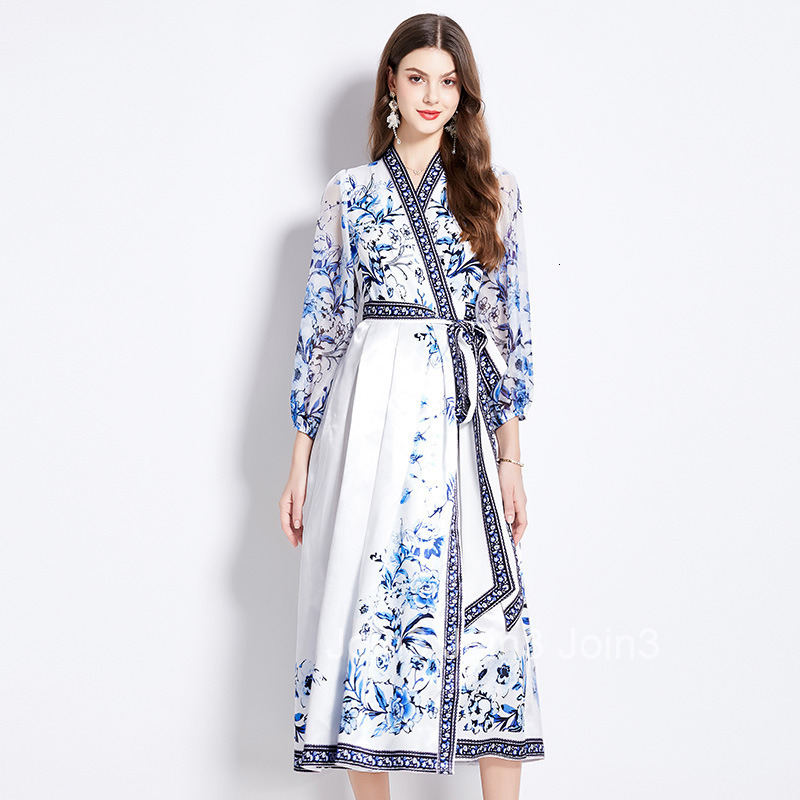 2562 Spring and Autumn New Womens V-neck Ethnic Style Long Sleeve Printed Waist Tie Long Dress