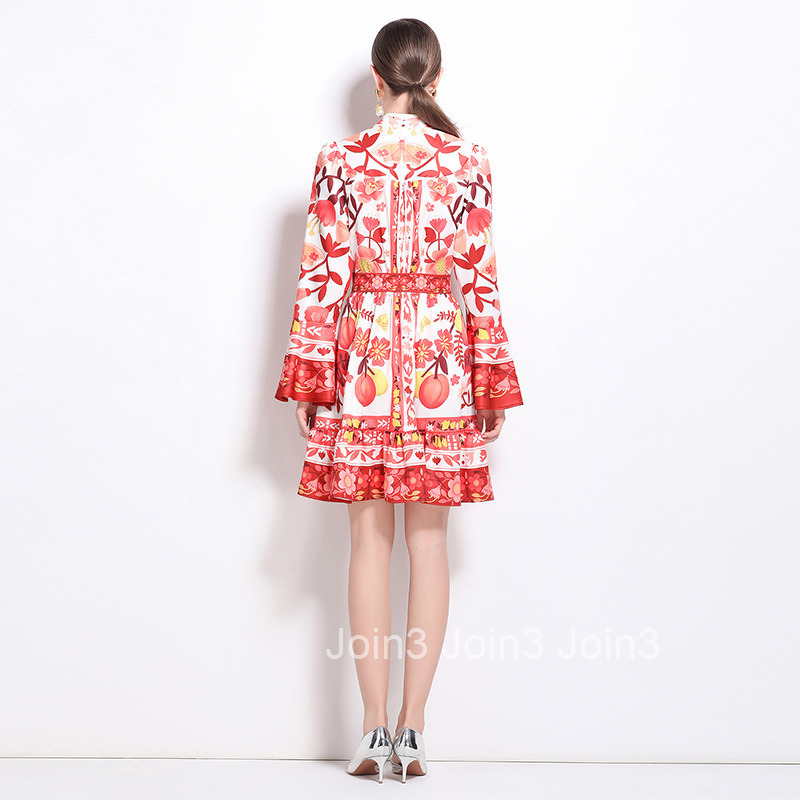 9891 Autumn New Womens Fashion V-neck Trumpet Sleeve Long Sleeve Printed Dress