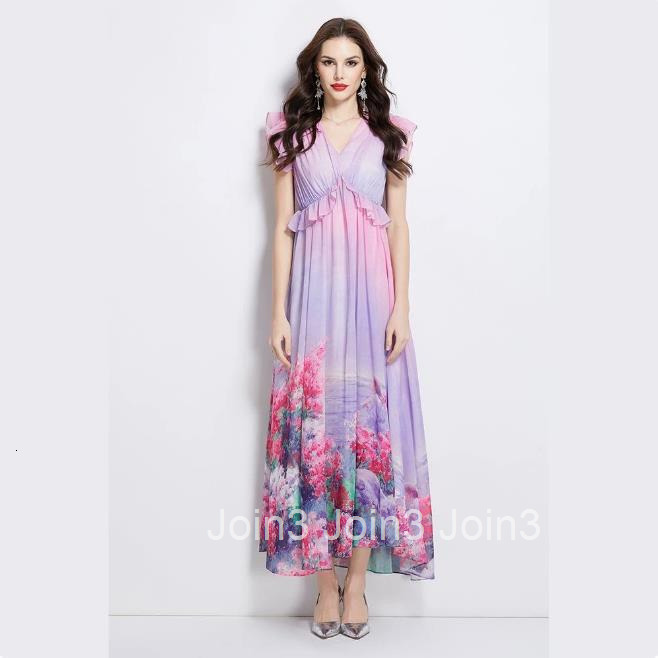 2711 Spring New Floral Small Flutter Sleeve Long Dress