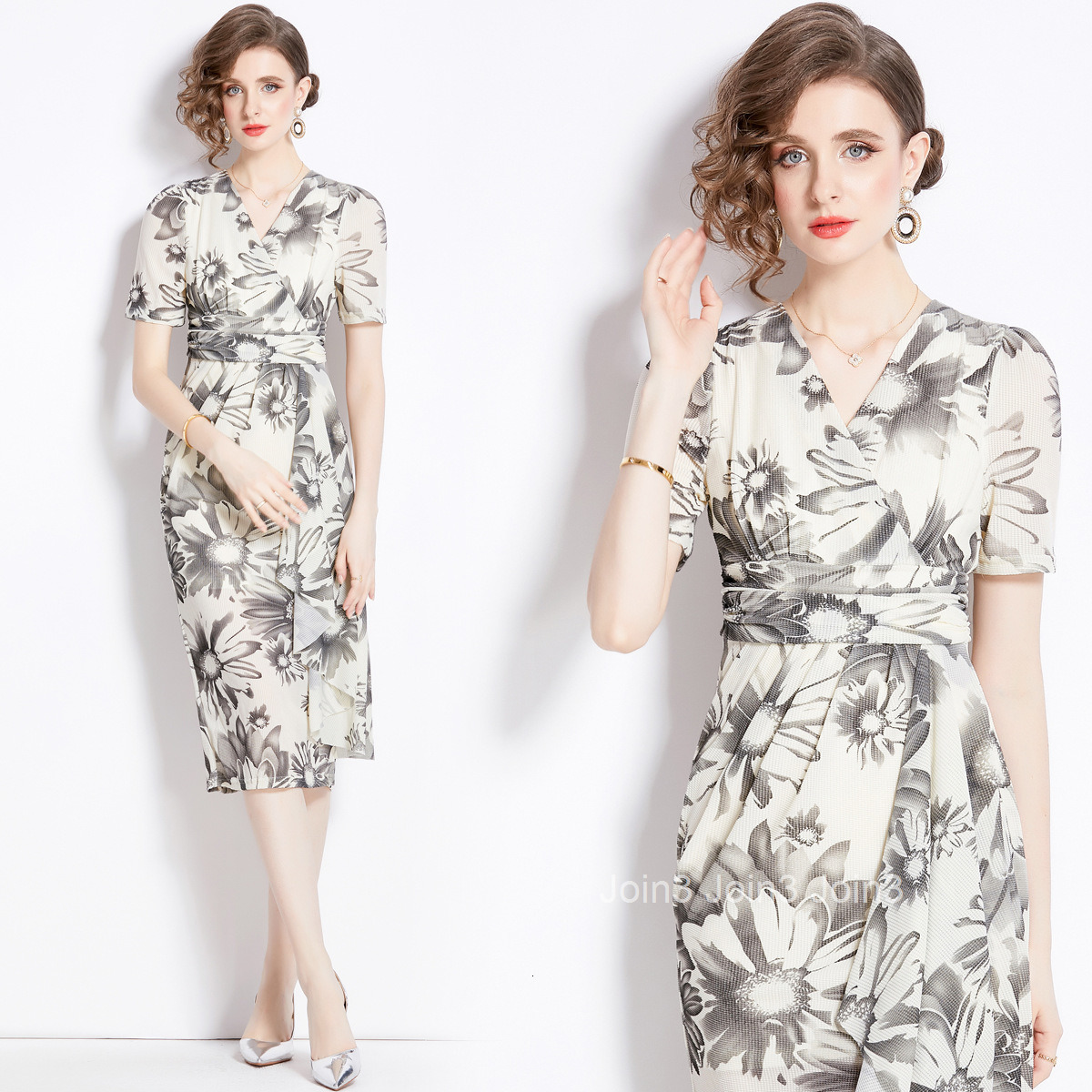 1977 Spring Summer New Womens Fashion Elegant V-neck Slim Fit Floral Short Sleeve Mid-length Dress