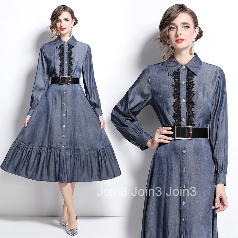 8559 Spring and Autumn New Womens Dress Lace Splicing Style Fashionable Shirt Style Large Swing Long Dress