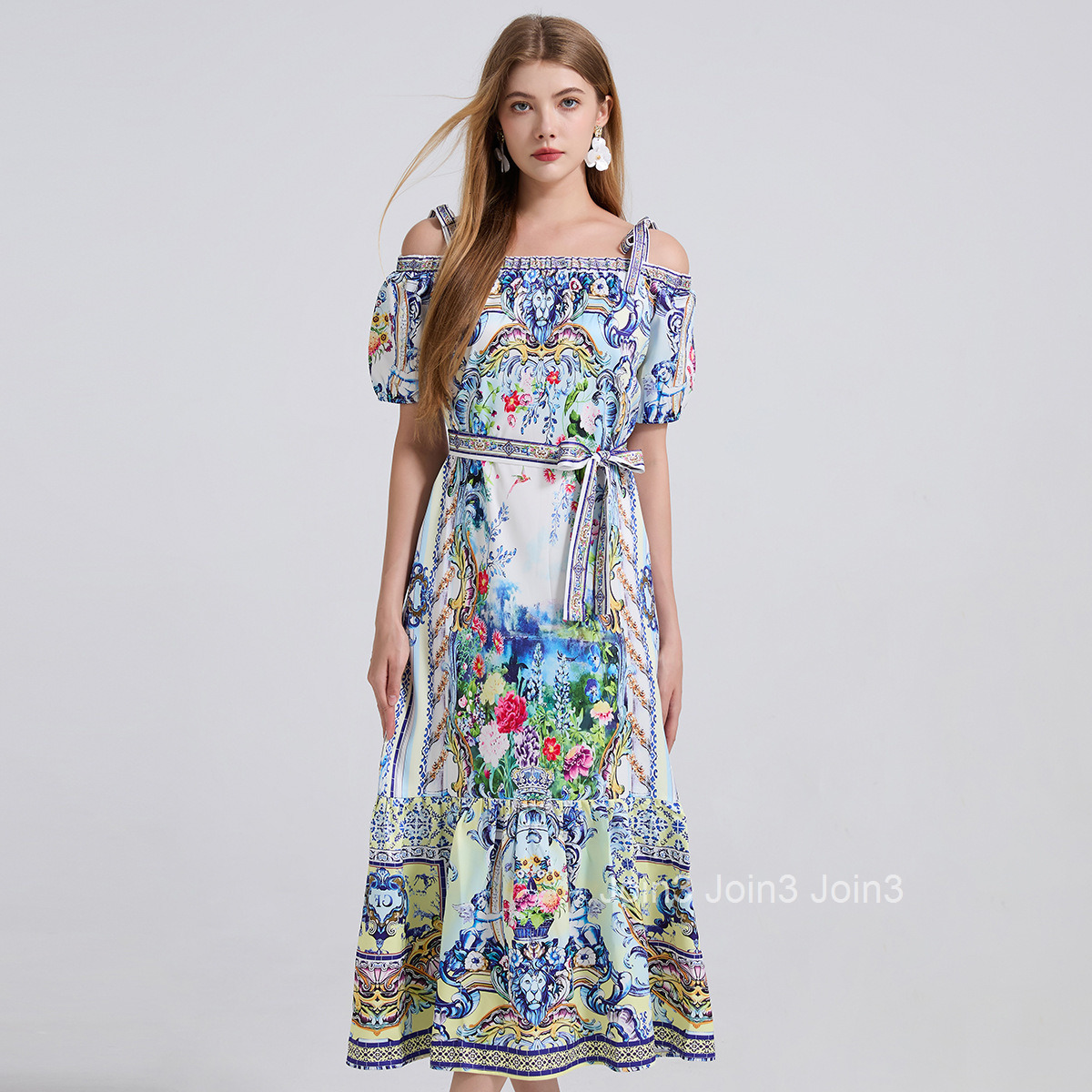 767 Positioning Printed Sexy Off-Shoulder Tie Loose Waist Dress Short Sleeve Long Dress