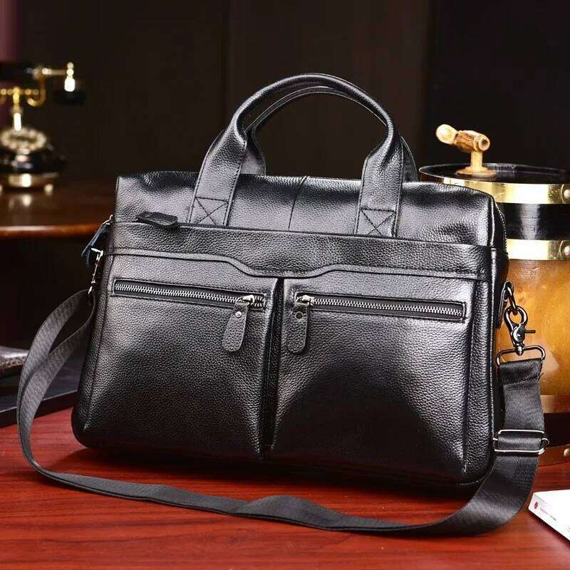 100% Genuine Leather Men's Briefcase Handbag High Quality Cowhide 15-Inch Computer Business Commuting Shoulder Crossbody Bag