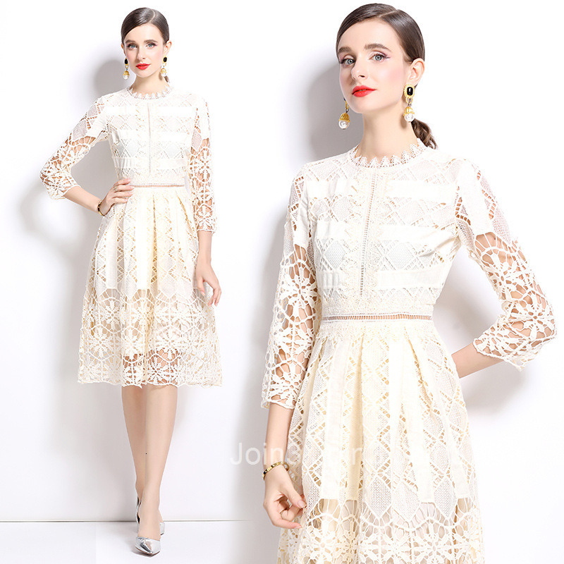 558 autumn new womens clothing style mid long sleeved slimming hollow out water-soluble lace mid length dress