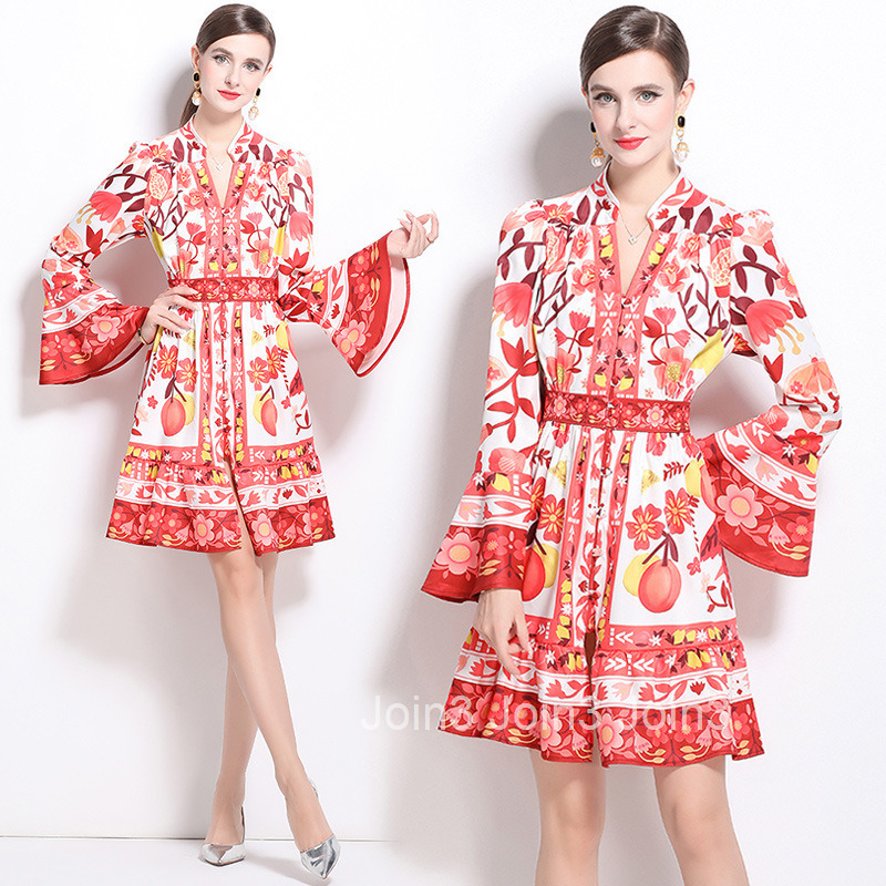 9891 Autumn New Womens Fashion V-neck Trumpet Sleeve Long Sleeve Printed Dress