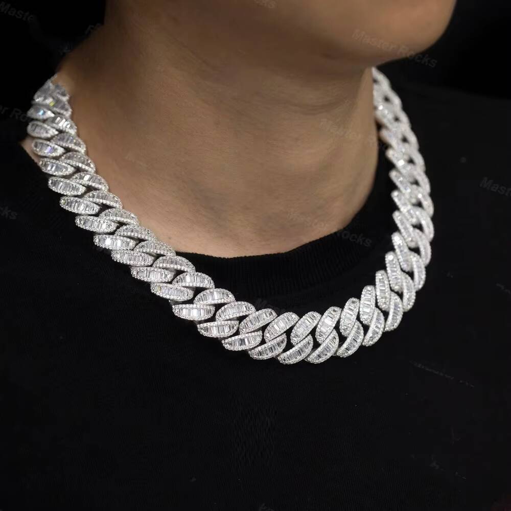 22mm Heavy Cuban Link Chain Necklace Baguette 925 Silver Hiphop VVS Iced Out Moissanite Chain