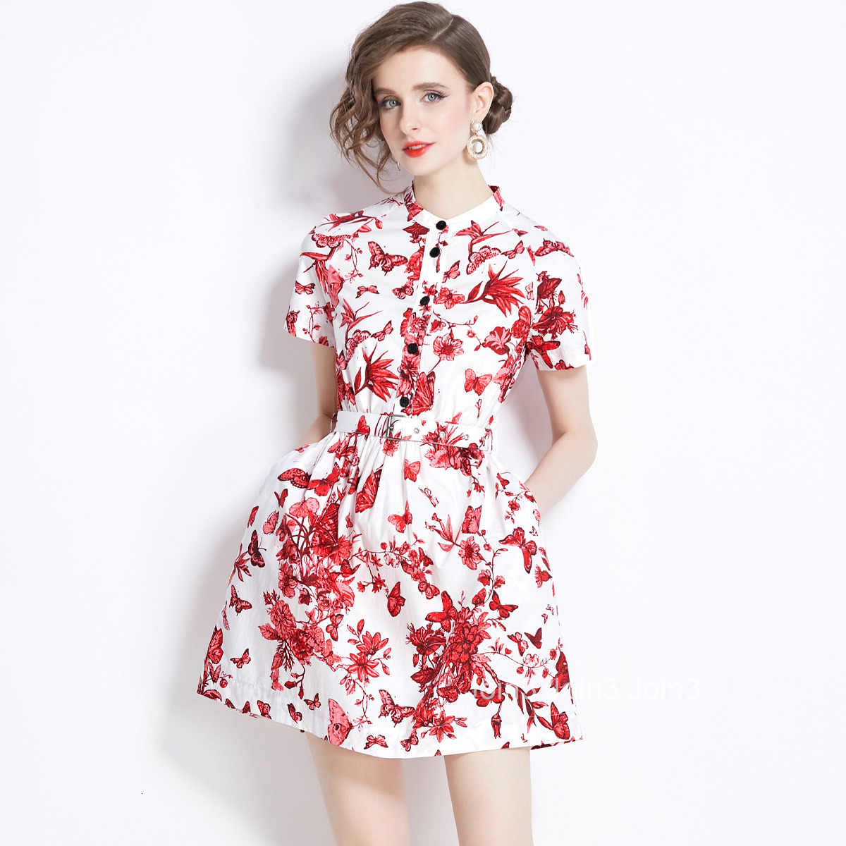 5821 Summer New Womens Fashion Slim Waist Elegant Fashion Printed Short Sleeve Short Dress