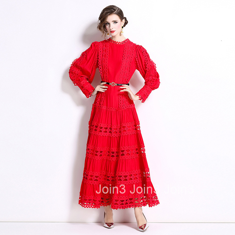 1008 Autumn New Womens Fashion Elegant Dress Round Neck Lantern Sleeve Long Dress Lace Hollow Out Dress