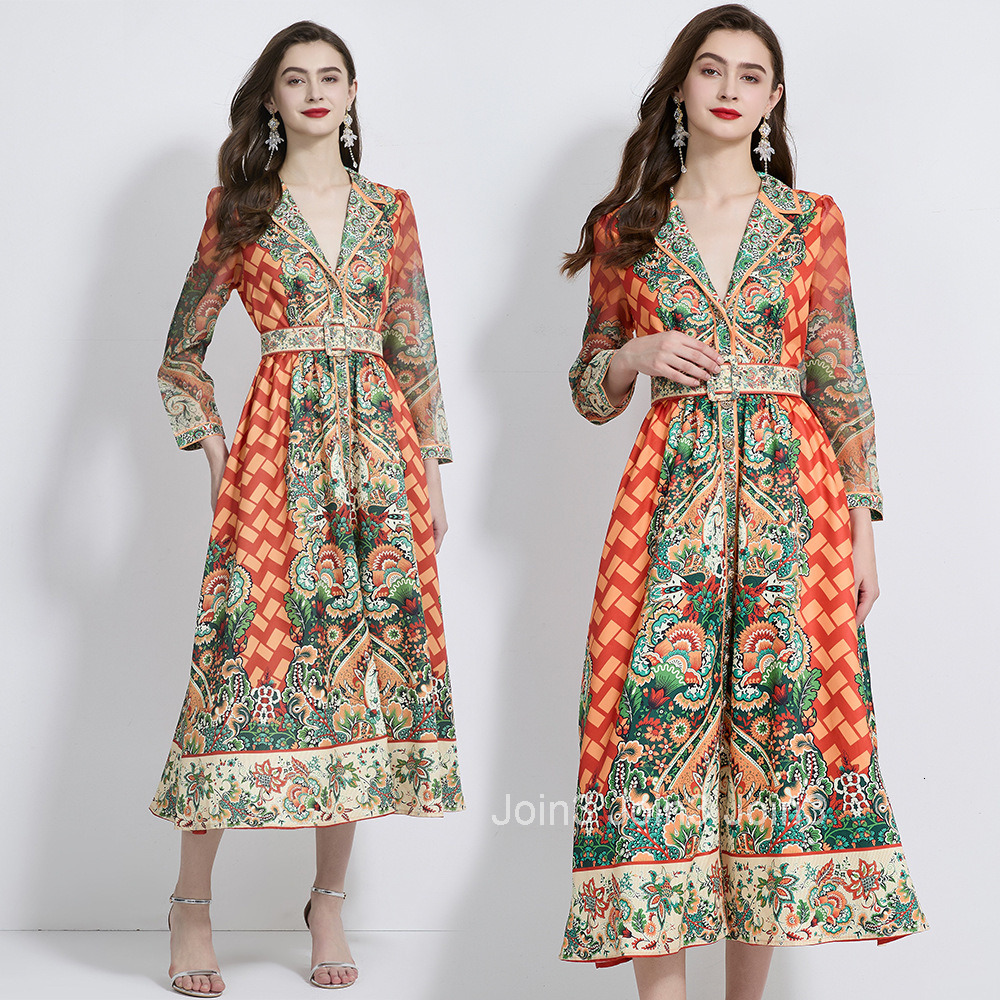 2098 Autumn New Womens Vacation Style Suit Collar Printed Long Sleeve Waist-Cinching Long Dress