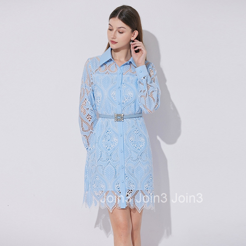 6605 Embroidered Hollow Out Collar Waist Belt Dress with Mesh Lace Skirt