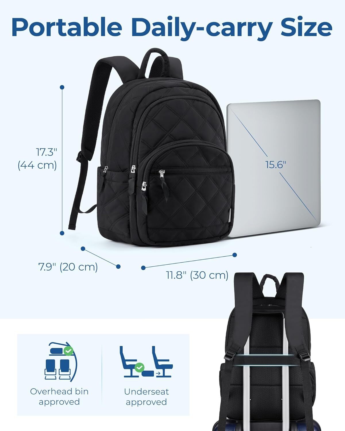 YMX 583 70 BAGSMART Travel Backpack, College Backpack for Women, Quilted Small Computer Bookbag, Water-Resistant 15.6 Inch Laptop Casual Bag, Black