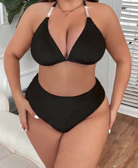 2025 New Style Spaghetti Strap Backless Plus Size Swimsuit Women Solid Color High Waist Sexy Bikini Two-Piece Swimwear