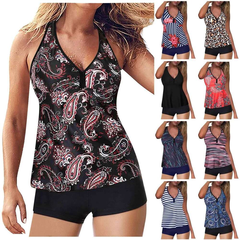 Conservative Belly Covering Floral Print Bikini Set Women's Separate Swimsuit Tankini Flat Briefs Chinese Brand AE Stock