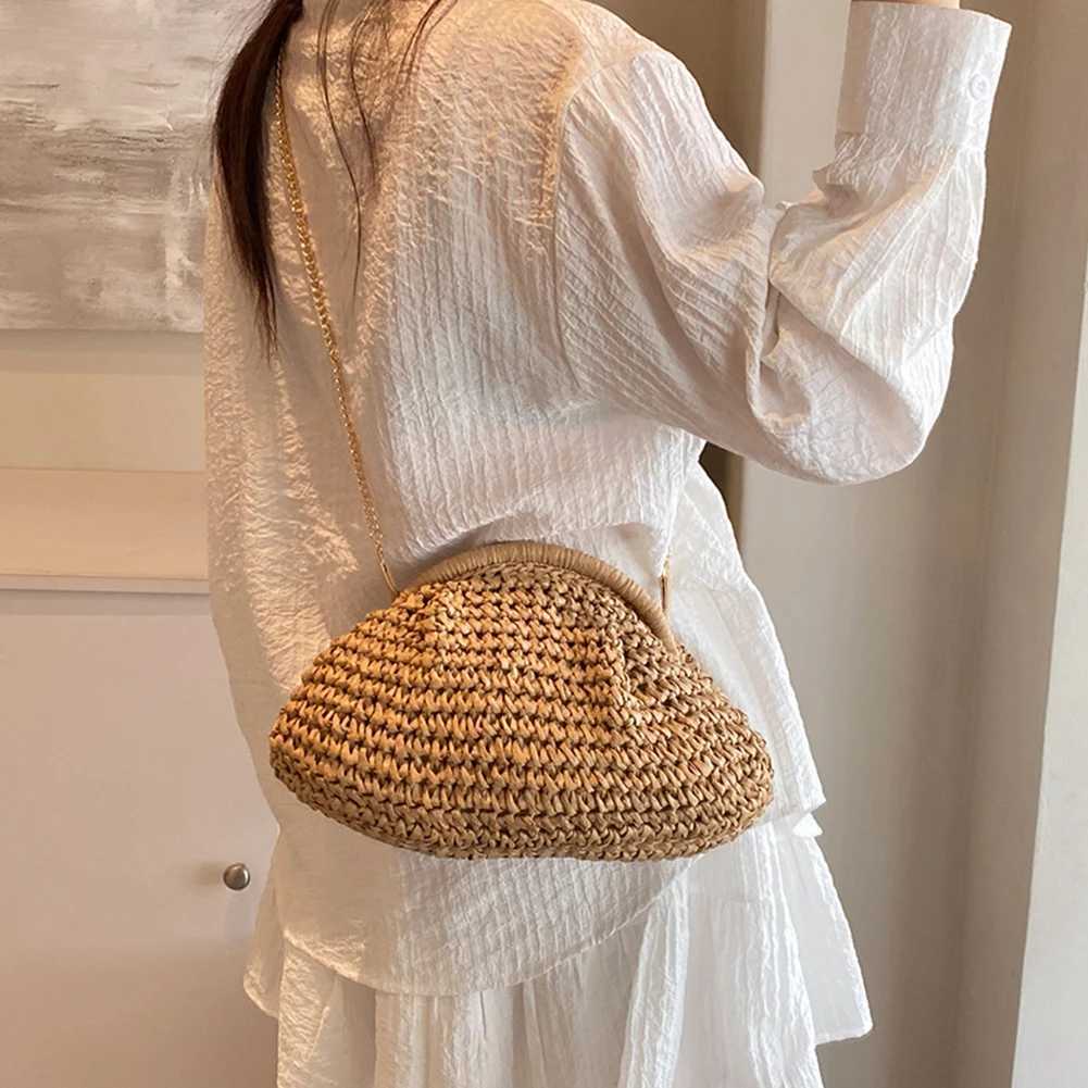 Women Straw Woven Bag Handmade Fashion Shoulder Bag Large Capacity Stylish Crossbody Bag Solid Color for Party Vacation Y2508071