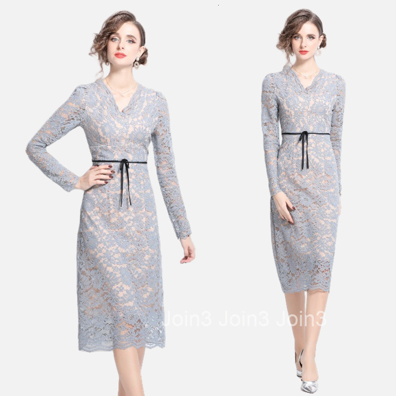8052 Spring and Autumn New Womens Clothing Style V-neck Long Sleeve Blue Lace Slimming Medium Long Dress