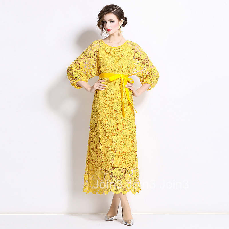 6956 Autumn New Womens Style Long Sleeve Round Neck Hollow A-line Lace Dress Long Skirt