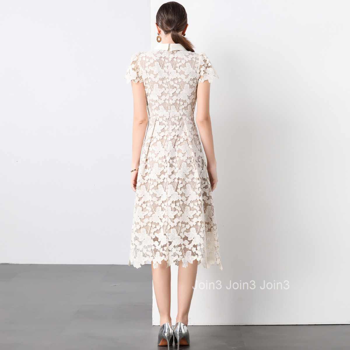 6903 Spring/Summer New Womens Three Dimensional Flower Medium to Long Bow Short Sleeve Slimming Lace Dress