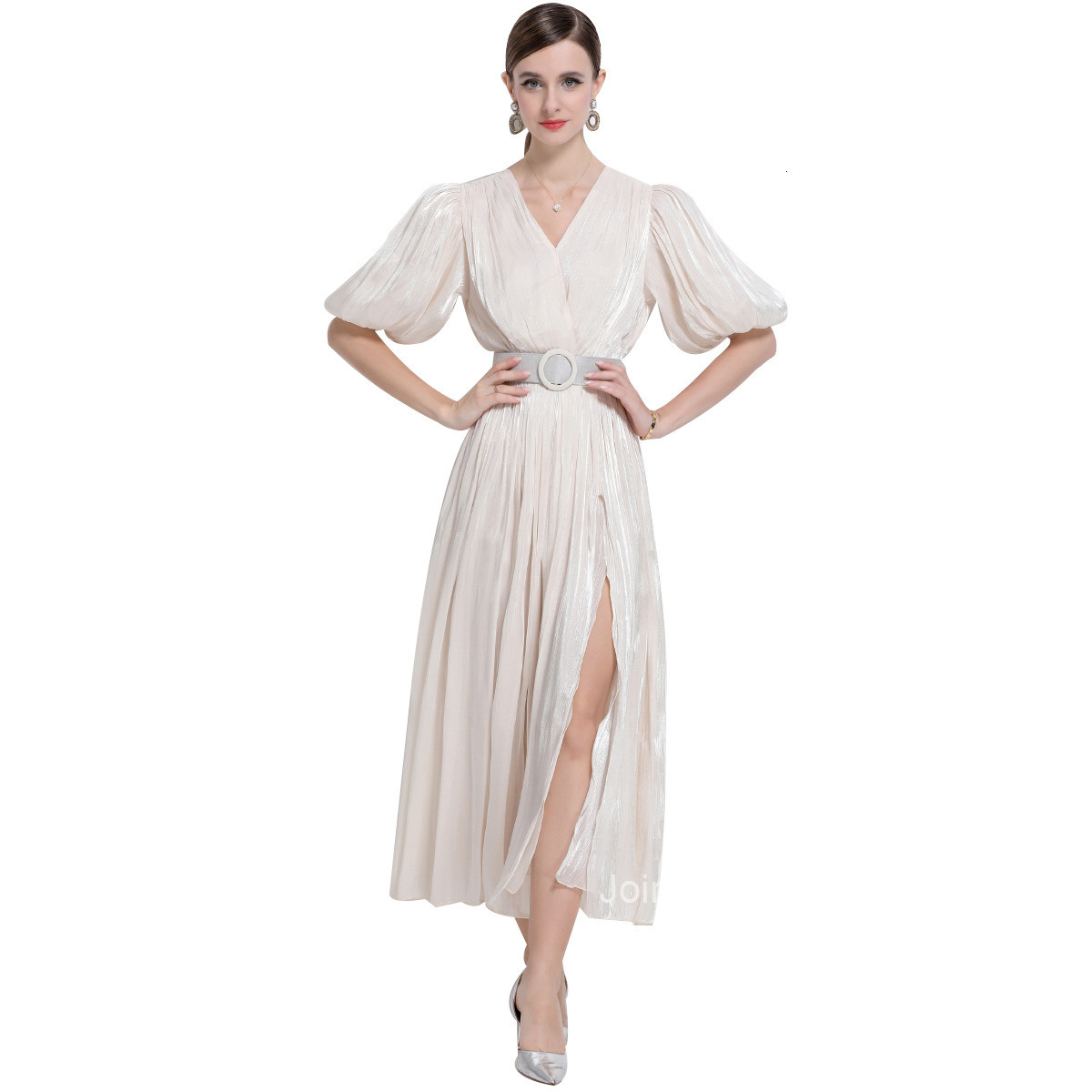 1600 Puff Sleeve Pleated Slim Fit Mid-Length Dress Korean Style Long Dress