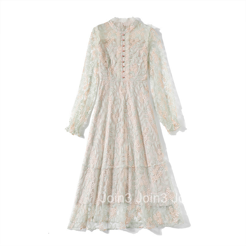 9943 Spring and Autumn womens clothing elegant mesh embroidery long sleeves slim fit slimming mid length dress