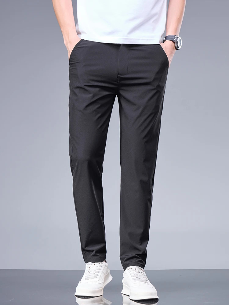 Summer Business Ice Silk Pants Straight Elastic Waist Black Gray Trousers Breathable Simple Male Clothing Casual Suit Pants 250717