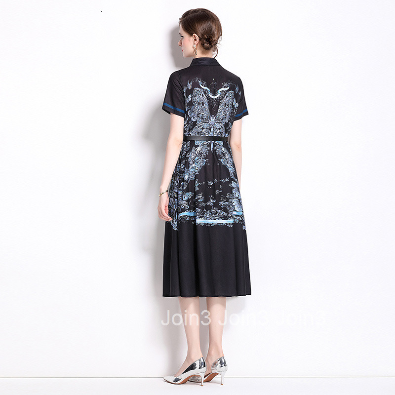 8538 summer new style lapel short sleeved mid to long cut waist slimming printed A-line dress