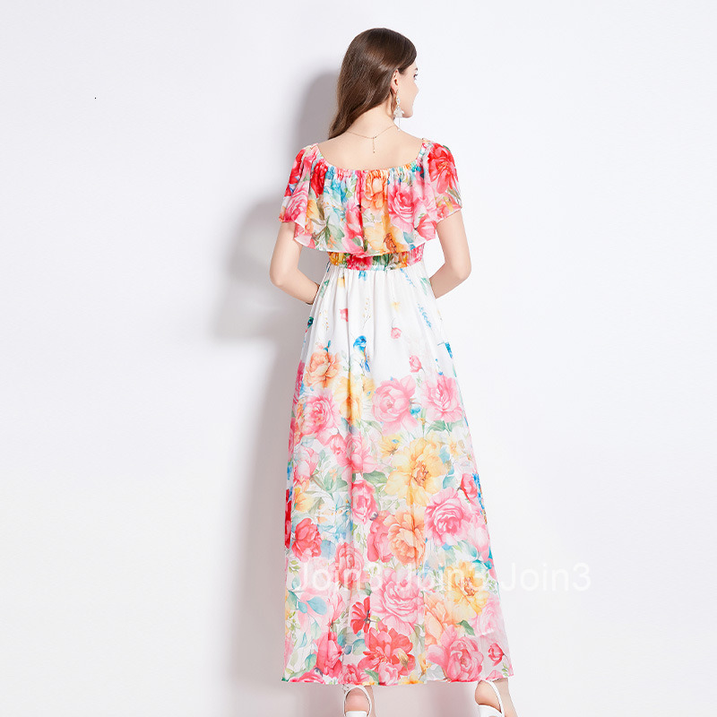 2534 Summer New Ruffled Off-Shoulder Waist-Cinching Flared Beach Dress with Slit Chiffon Long Dress
