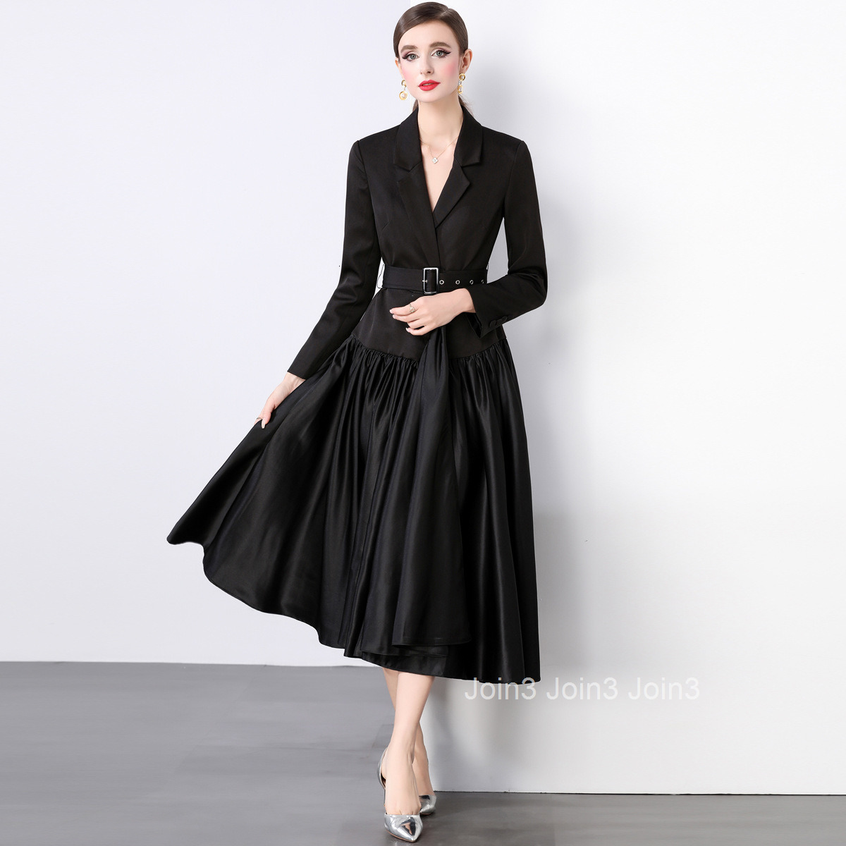 6886 Autumn New Womens Fashionable Suit Collar Long Sleeve Dress Stylish Patchwork Flared Long Dress