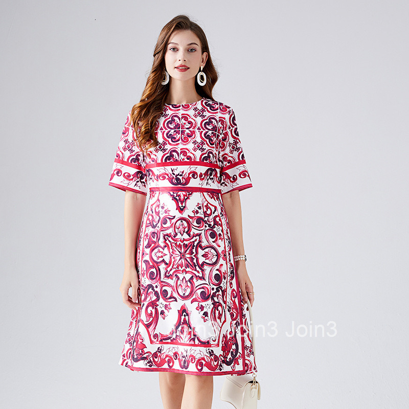484 Summer New Womens Fashion Printed Round Neck Slimming High Waist Dress with Mid Sleeve A-line Skirt