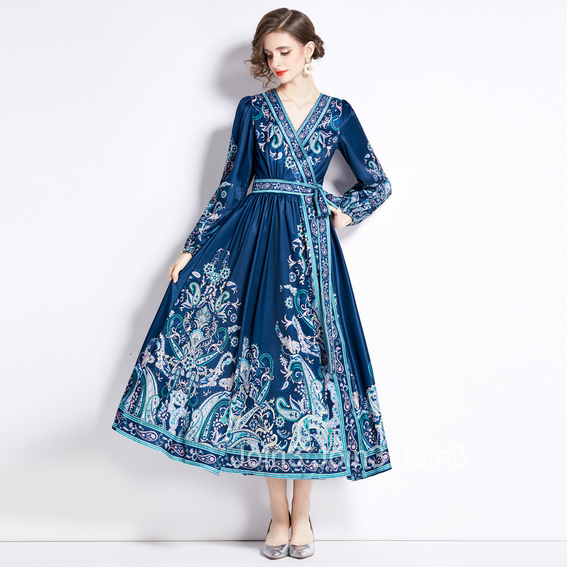 2372 Early Spring New Womens V-neck Ethnic Style Long Sleeve Printed Tie Large Hem Long Dress