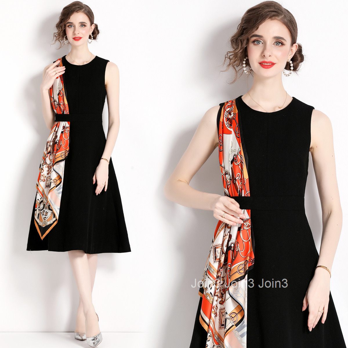 1949 Summer New Womens Printed Patchwork High Waist Slim Sleeveless Dress A-line Midi Dress