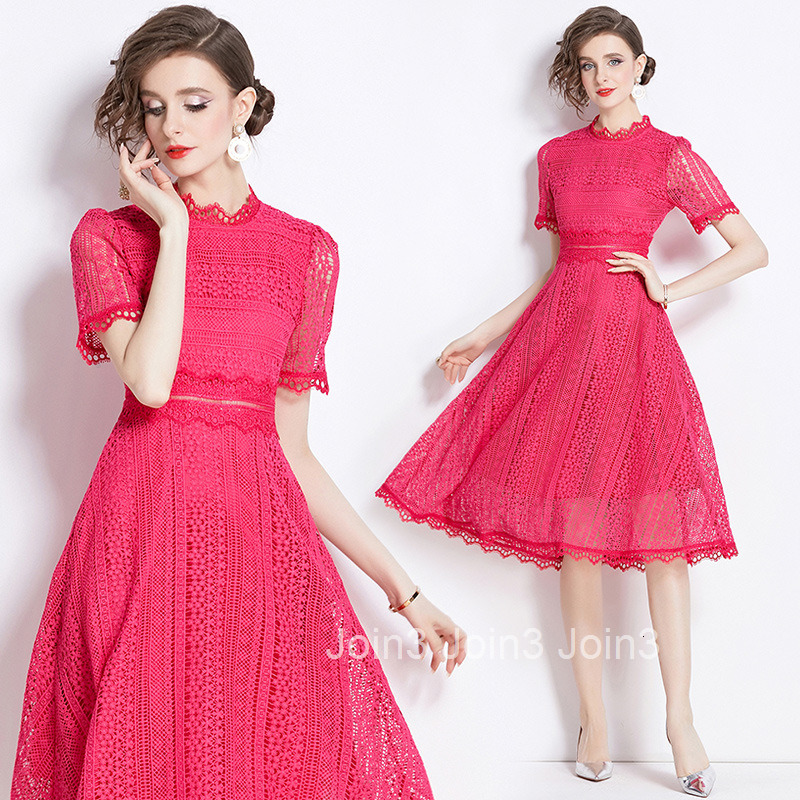 530 Summer New Womens Fashionable Short Sleeve Waist-Cinching Hollow Out Water-Soluble Lace Mid-Length Dress