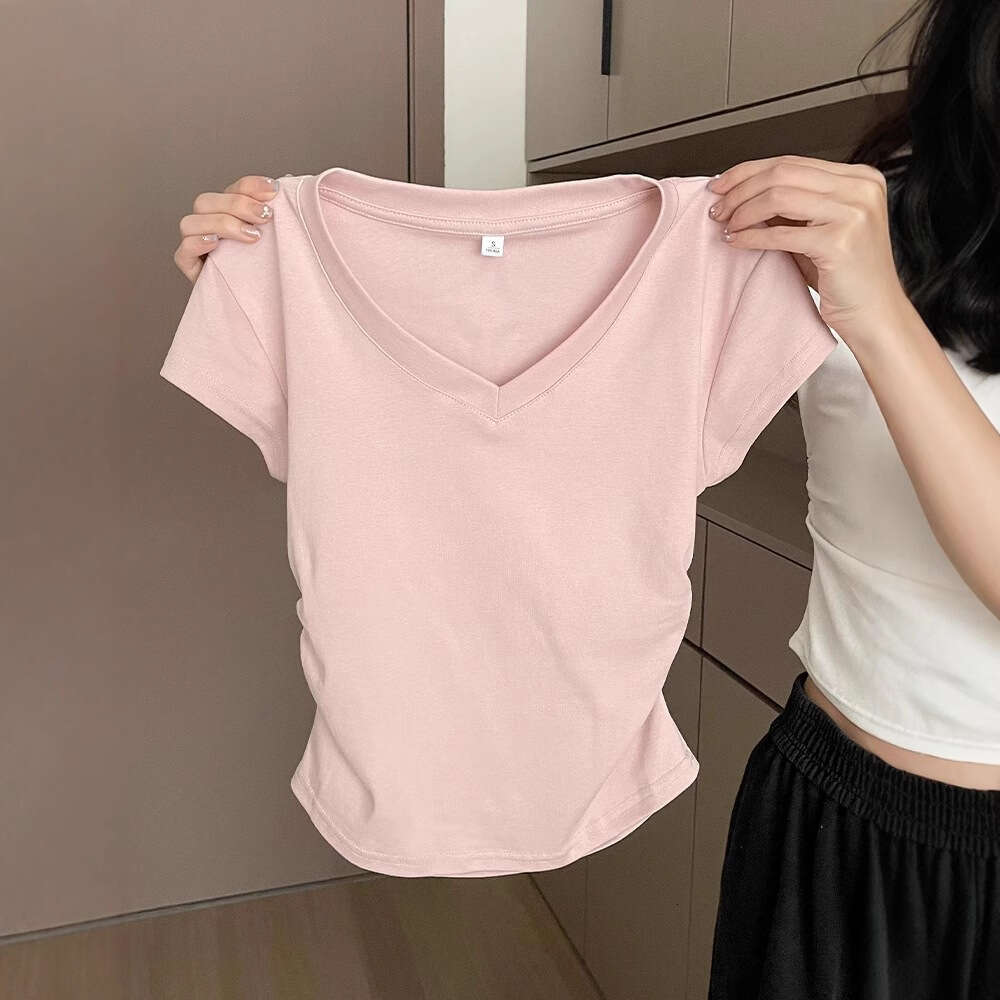 92 Cotton Blue Regular Shoulder Sleeve T-Shirt Women's Summer Slim Fit Stylish Pleated Waist Short Top