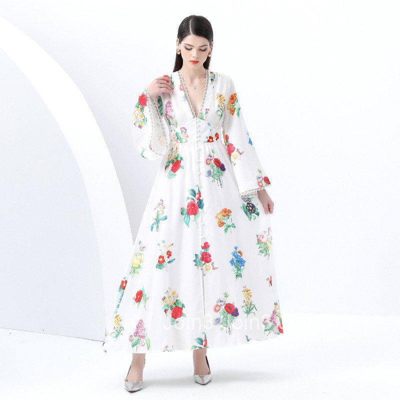 6085 Early Spring New Womens Deep V-Neck Flared Sleeve Large Hem Painted Print Long Dress