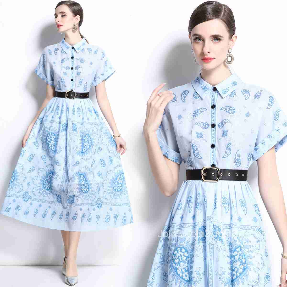 1685 Spring/Summer New Womens Style Printed Collar Short sleeved Long Skirt Dress (with Belt)