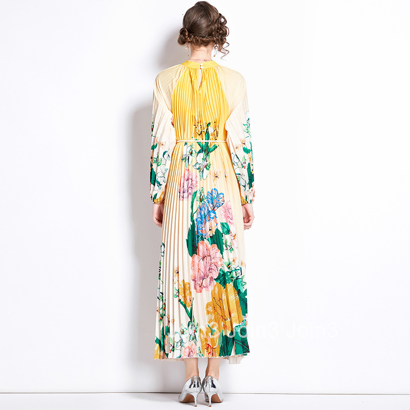 8586 Autumn New Womens Fashion Printed Lantern Sleeve Pleated Tassel Belt Flared Long Dress