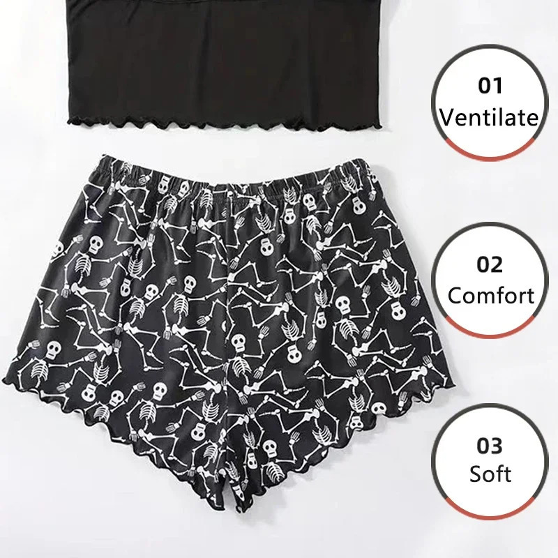Women 2 PCS Pajama Set Sleepwear ShortSleeved Tops and Shorts Suit Black Skull Print Ventilate Soft Comfort Loungewear 250717