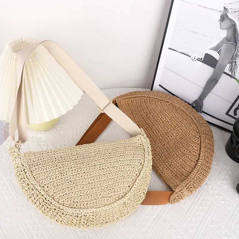 Simple Paper Rope Womens Shoulder Bags Summer Fashion Straw Semicircle Crossbody Bag Casual Beach Woven Handbags Underarm Bag Y250719