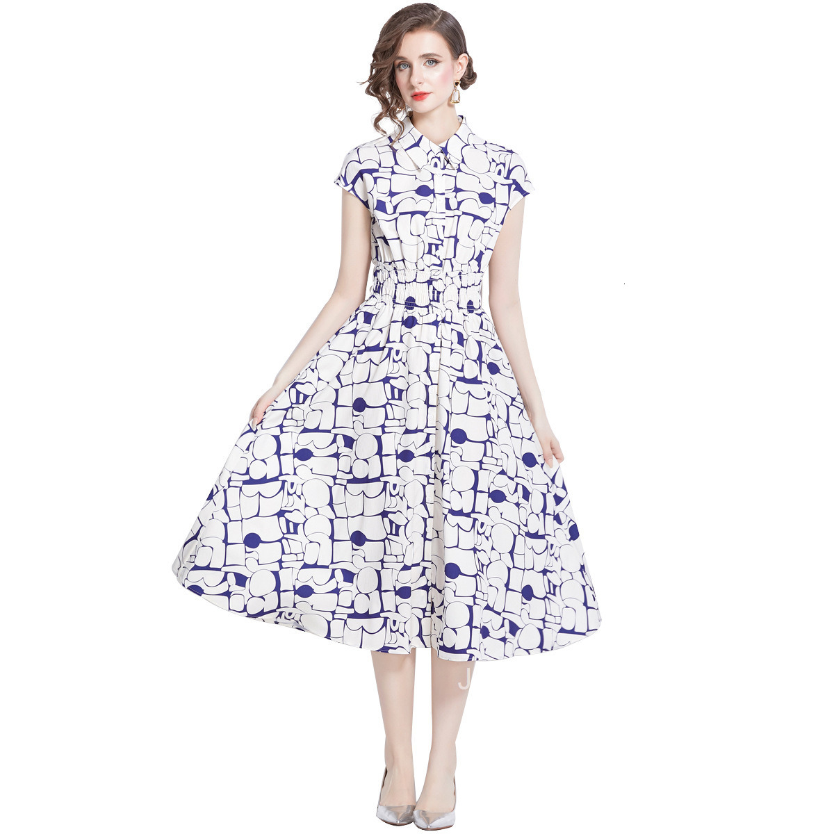 1655 Summer New Womens Fashion Elegant Turn-Down Collar Short Sleeve Ink Print Mid-Length Flared Dress